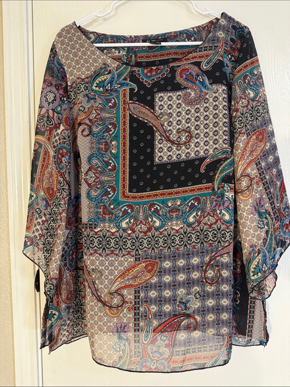 Robert Louis Multicolor Paisley Sheer Tunic with Teal and Rust Accents
